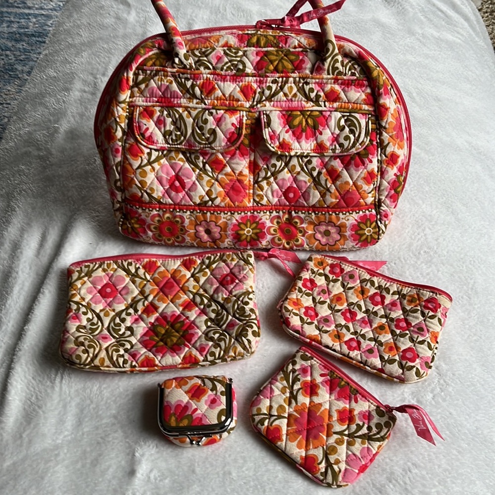 Vera Bradley Bowler Bag set with 3 makeup bags and contact case